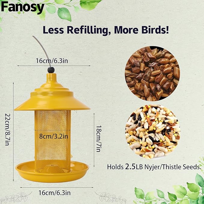 Finch Feeder - All-Metal Squirrel Proof Thistle Nyjer Seed Bird Feeder for Outdoors, 2.5LB Capacity, Powder-Coated Rust Resistant Mesh Design for Goldfinches & Small Birds Yellow