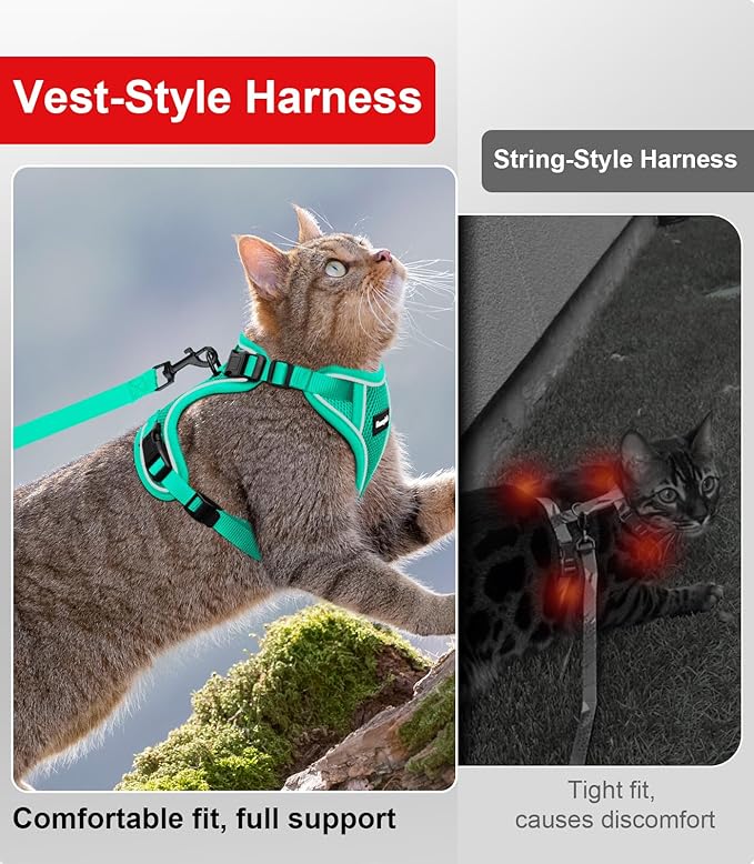 Cat Harness and Leash for Walking Escape Proof Soft Adjustable Cat Leash Breathable Comfortable Vest Easy to Wear Kitten Harness for Outdoor Travel Emerald M