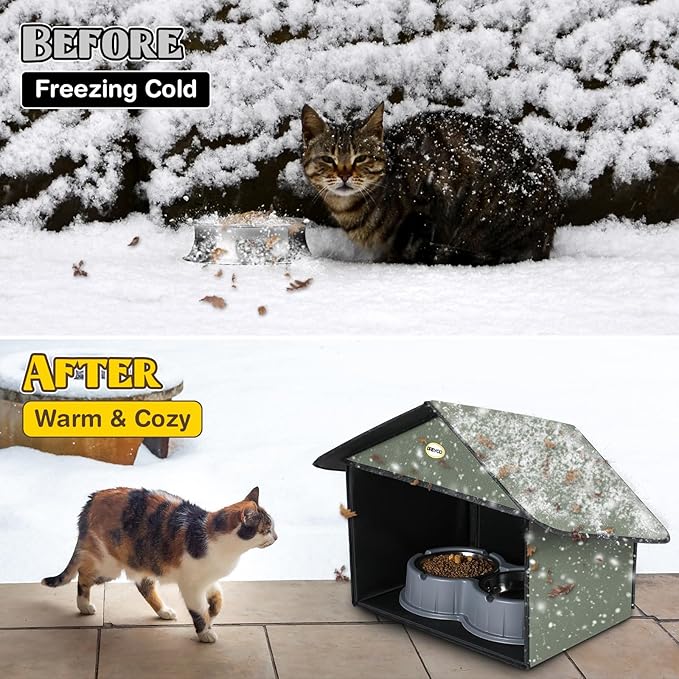 Dreyoo 1 Pack Outdoor Cat Feeding Station for Food & Water, Weatherproof Outdoor Kitty Dining Room Cat Shelter for Stray, Feral Cats and Community Cats, 13”d x 17”w x 15.5'h (Dark Green)