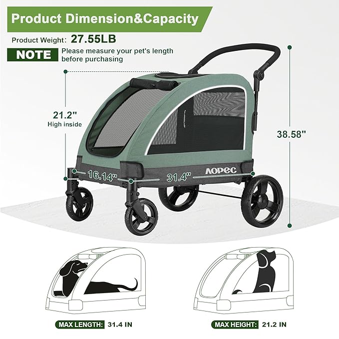 Large Dog Stroller - Dual Entry Safety Folding Pet Stroller with Adjustable Handle, All-Terrain 4-Wheel, 160 lbs Weight Capacity for Travel & Outdoor Adventures - Green