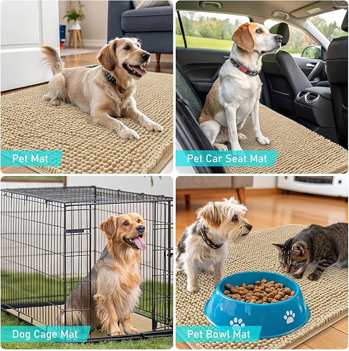 OLANLY Dog Door Mat for Muddy Paws 54x24, Absorbs Moisture and Dirt, Absorbent Non-Slip Washable Doormat, Quick Dry Chenille Mud Mat for Dogs, Entry Indoor Entryway Carpet for Inside Floor, Beige