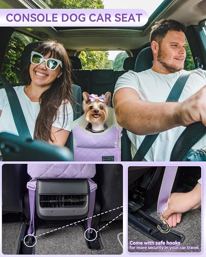 PETSFIT Cat Car Seat with Safe Protection Hooks, Center Console Dog Car Seat with Upgraded Safety Tethers, Washable Cushion, Dog Car Seats for Small Dogs Up to 8 Lbs (Purple)