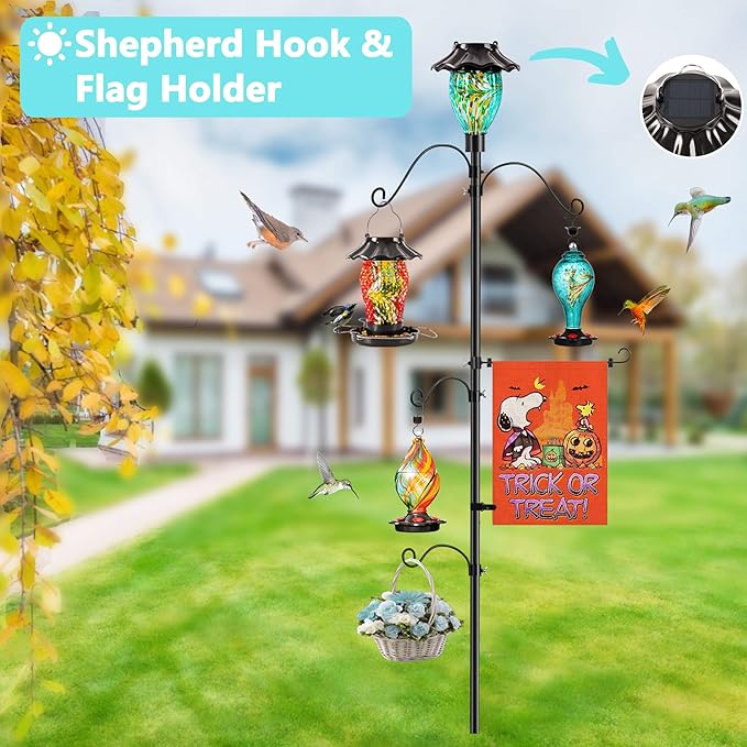 LUJII Solar Shepherds Hooks for Outdoors, Bird Feeder Pole with 4 Adjustable Hangers and 1 Flag Holder, Garden Stand for Hummingbird Feeders, Wind Chimes, Plant Baskets, Lanterns (Teal)