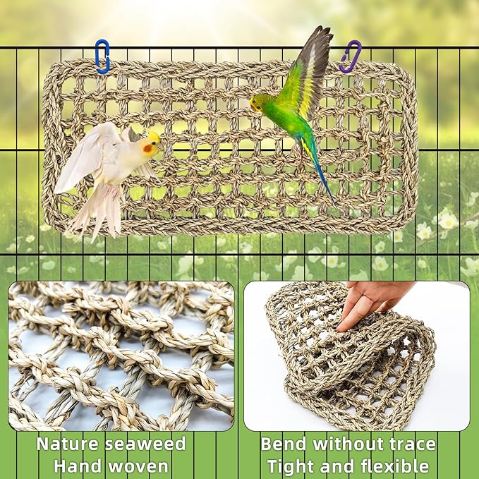 Bird Seagrass Mat 16 × 7" Parrot Natural Grass Woven Net Hammock Parakeet Climbing Rope Ladder Mat Chew Toys Cage Accessories for Pigeon Cockatiel Conure Budgie Cockatoo Rat Hamster