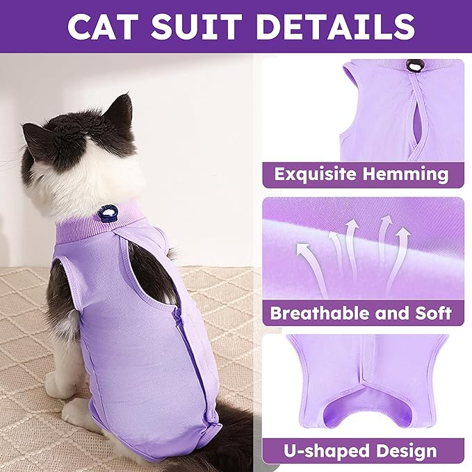 Cat Recovery Suit for Spay Abdominal Wound, Breathable Kitten Onesie for Cats After Surgery, Anti Licking Cat Cone Alternative, Pet Surgery Recovery Shirt-Purple(L)