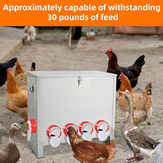 XKV Metal Automatic Chicken Feeder 90LBS with 10 Ports,No Feed Waste,All Seasons Support,Weather-Resistant and Animal-Proof,Suitable for Chicken,Geese,Ducks,Turkeys,Quails