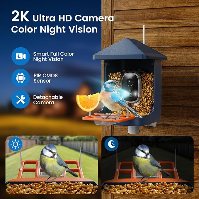 Smart Bird Feeder with Camera, Solar Powered Bird Feeders for Outdoors, 1.8L 2K AI Identify 10,000+ Birds Species, Birds Feeder Camera IP65 Instant Notification, Ideal Gift for Avian Lovers