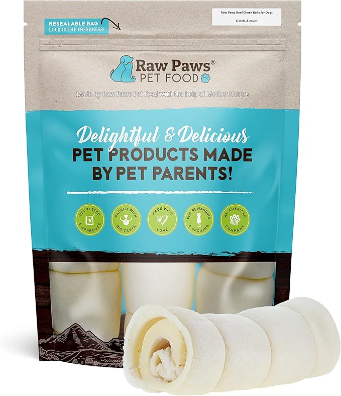 Raw Paws Beef Cheek Rolls for Dogs - 6 inch (4 Pack) - Packed in USA - Free-Range, Rawhide Alternative Dog Chews - Retriever Rolls for Small to Large Breeds