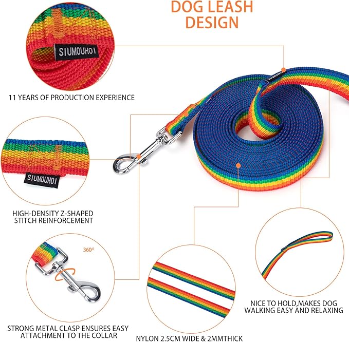 Strong Durable Nylon Dog Training Leash, 1 Inch Wide Traction Rope, 6 ft 10ft 15ft Long, for Small and Medium Dog (Rainbow, 15 Feet)