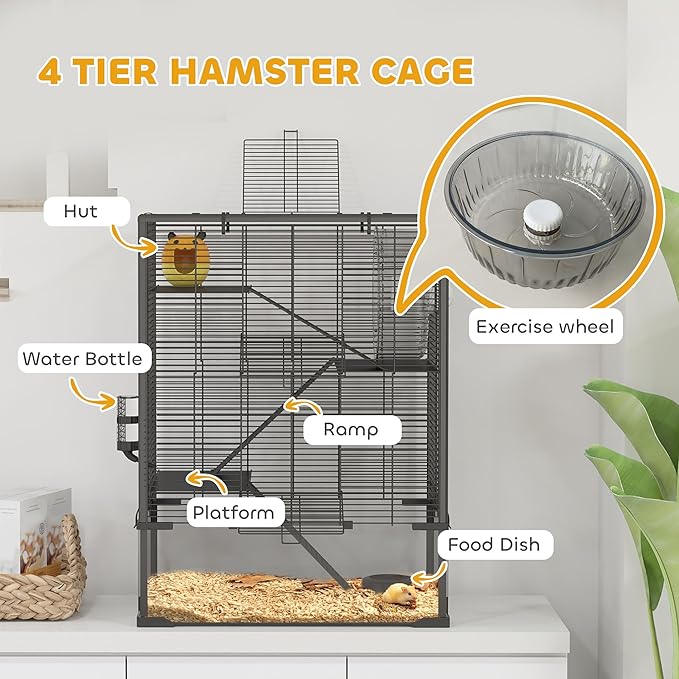 PawHut Large Hamster Cage with Deep Tempered Glass Bottom, 4 Tiers Hamster Tank with Running Wheel, Hut, Water Bottle, Dish, Rat Cage for Syrian, Dwarf, Gerbils, Mouse, 24" x 16" x 31.5", Black
