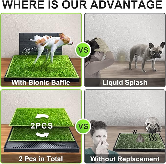 Hompet Dog Potty for Indoor or Porch, 2 Pcs Artificial Grass Training Pads with Pee Baffle, Reusable, Alternative to Puppy Pads, Portable Dog Litter Box for Small/Medium Dogs