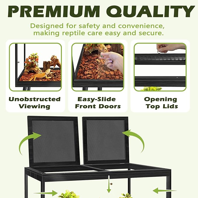 Prolee Bearded Dragon Tank with Leg Stand,Wooden Lizard Tank,Reptile Tank with Metal Mesh Roof Door, Acrylic Panel Snake Tank with Lock Design (Black, 32"x16"x16")