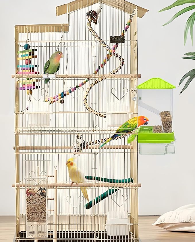 Hamiledyi Automatic Bird Feeder No Mess Bird Cage Feeder Seed Food Container with Perch Transparent Parrot Cage Accessories for Parakeets, Budgies, Cockatoos, Finches, Lovebirds, Canaries (Green)