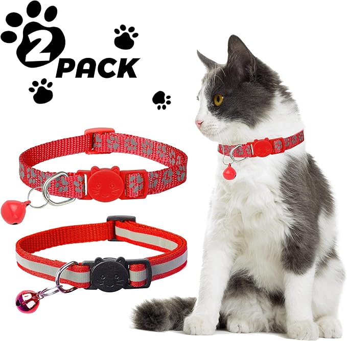 BANMODER 2 Pack Reflective Cat Collar Breakaway with Bell,Personalized Kitten Collars,Adjustable Safety Buckle Collar for Male Cats Girls & Boys (Red)