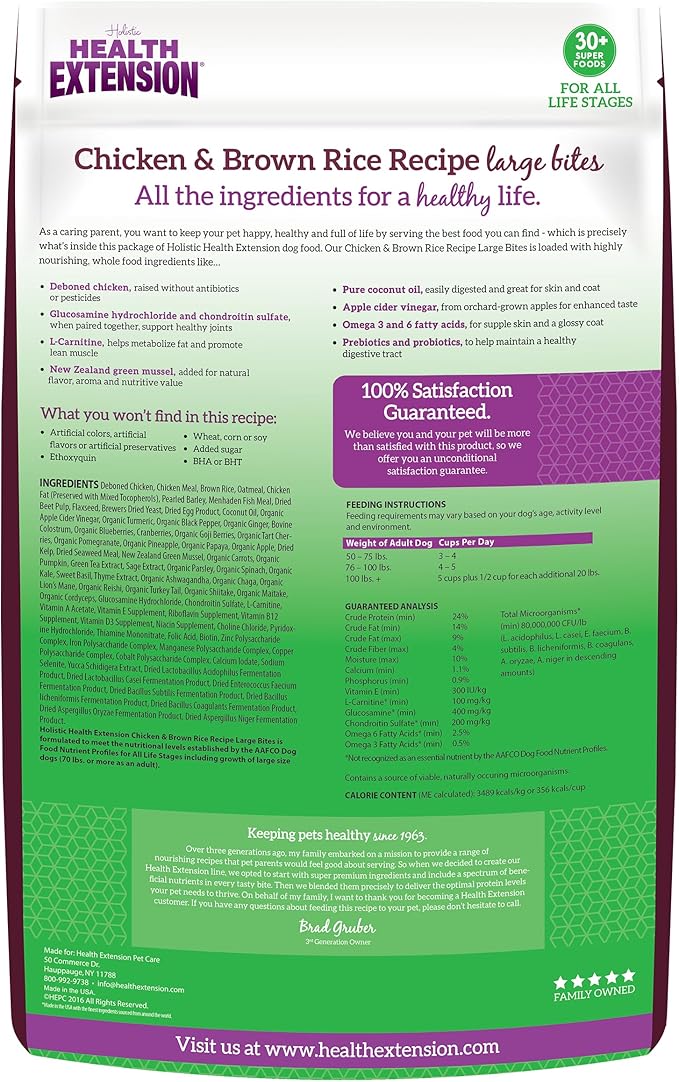 Health Extension Large Bites Chicken & Brown Rice Dry Dog Food, Protein-Rich Formula with Probiotics & Essential Nutrients for Large Breeds (30lb)