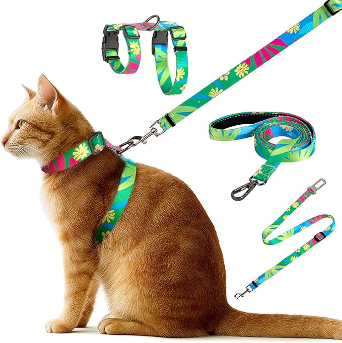 Cat Harness and Leash Set, Anti Escape Adjustable Cat Leash, Comfortable Soft Lightweight, Use Safe & Easy, Suitable for Small, Walking Kitten Harness for Large Medium Small Cats, Hawaii Green