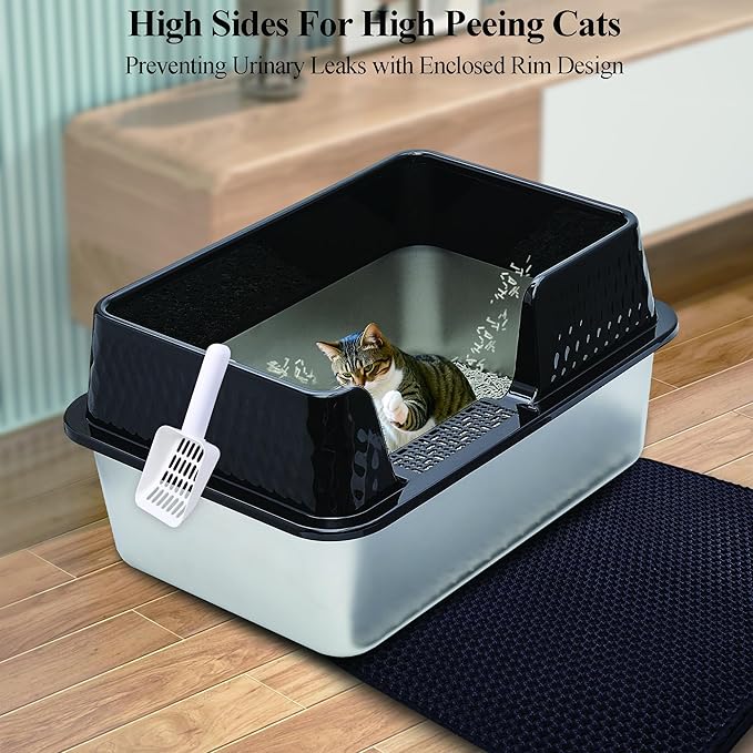 Vealind Stainless Steel Cat Litter Box High Sided Metal Cats Litter Pan Tray Enclosed with Scoop Mats Non-Sticky Anti-Leakage Easy Cleaning Kitty Litter Boxes