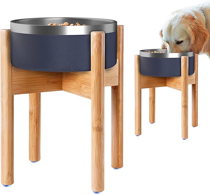 Dog Bowl Stand for Large Dogs - Raises Feeders and Bowls to 12-inch High, Expandable Sideways, Compatible to Various Sizes of Slow Feeders, Water Dishes and Fountains - Bamboo
