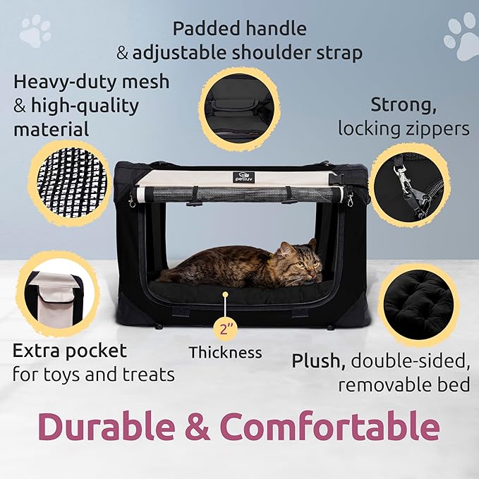 Soft-Sided Cat & Dog Pet Carrier, Medium 20"x13"x13" Fits Most Cats or Small Dog, Comfortable for Travel & Vet Visits, Privacy Windows, Removable Plush Bed, Top/Side Entry, Locking Zippers, Folds Flat