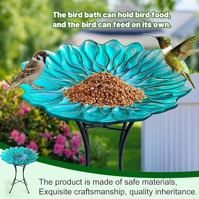 HONGLAND Bird Bath for Outside-Bird Baths for Outdoors-Glass Large Birdbaths Bowl with Metal Stand for Garden Patio Lawn Decor - Green