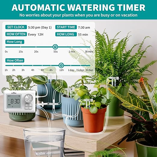 Automatic Watering System for 15 Potted Plants, Automatic Drip Irrigation Kit with Adjustable Water Flow, Programmable Water Timer with Dual Power Supply, for Balcony/Garden/Greenhouse Plants