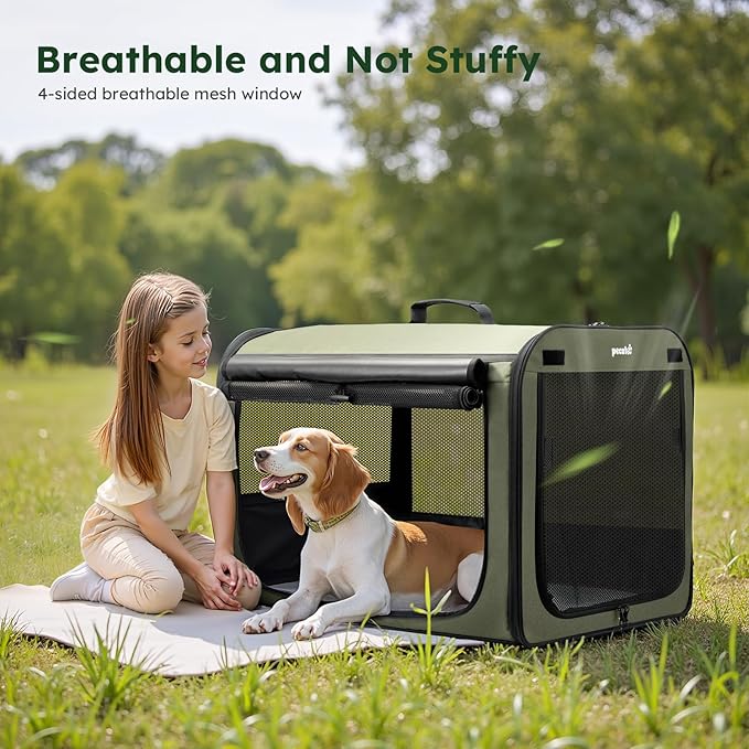 Large Dog Car Carrier Light Weight, 27×20.5×20.5ins Dog Carrier for Cars, Portable Dog Car Crate with Breathable Windows, Stable Pet Carrier for Both Indoor and Outdoor Use, Pet Travel Crate Green
