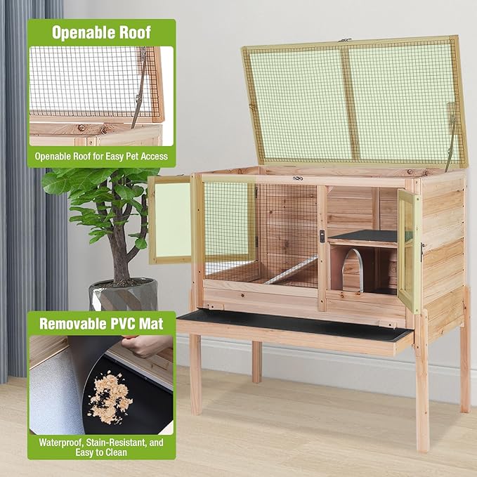 GUTINNEEN Indoor Guinea Pig Cages - Wooden Rabbit Cage Bunny Hutch with Chew-Proof Ramp, Pull-Out Tray, Leakproof PVC Layer & Detachable Legs for Rabbits, Guinea Pigs (Natural Wood)