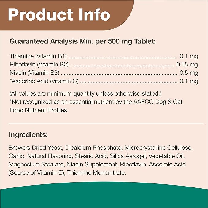 NaturVet Brewers Dried Yeast Formula with Garlic Flavoring Plus Vitamins for Dogs and Cats, Chewable Tablets, Made in The USA with Globally Source Ingredients 100 Count