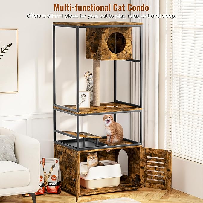 Lamerge Cat Tree with Litter Box Enclosure, All-in-1 Large Cat Litter Box Enclosure, Cat Condo with Scratching Posts and Cat Feeding Bowl, Rustic Brown