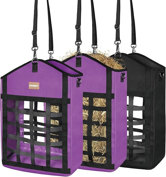 Innovative Hay Bags for Horses, Goat Hay Feeder with Reinforced Oxford Fabric and High Strength Metal Clasp,Horse Feeding Supplies with Adjustable Strap for Easy Hanging (2Purple+1Black)