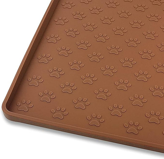 Ptlom Pet Placemat for Dog and Cat, Waterproof Silicone Pet Feeding Bowl Mats for Food and Water, Small Medium Large Dogs Mat Prevent Residues from Spilling to Floor, Brown, 18" 12"