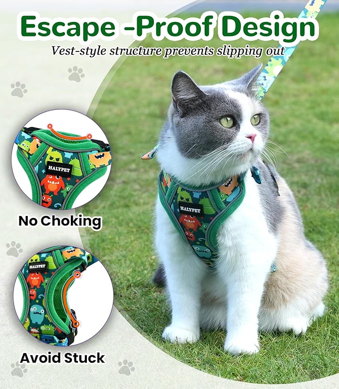 Halypet Cat Harness and Leash Set for Walking, Escape Proof Adjustable Vest Harness with 3-in-1 Integrated Buckles, Easy Control Soft Breathable Mesh with Reflective Strips for Cats, M, Green Monster