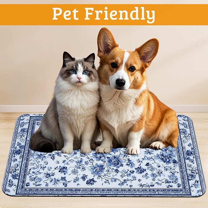 Blue Flower Dog Food Mat,Absorbent Pet Feeding Mat for Food and Water Bowl,Quick Dry Dog Placemat Non Slip Rubber Backing Waterproof Pet Supplies 12" x 20"