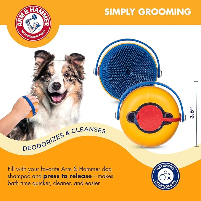 Arm & Hammer Simply Grooming Soap Dispensing Dog Bathing Palm Brush for All Hair Types, Pair with Your Favorite Shampoo, Easy Grip Scrubber for Dogs