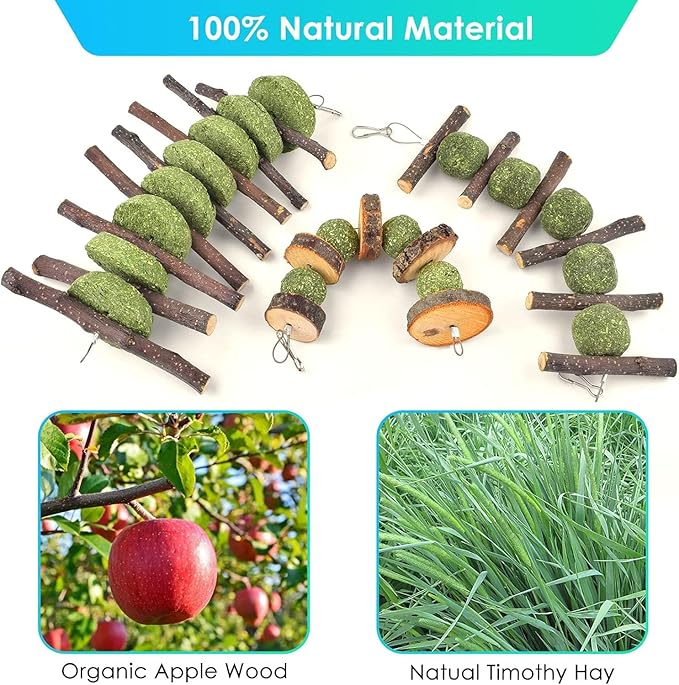 ERKOON Bunny Chew Toys, Rabbit Chew Toys for Teeth Grinding, Improve Dental Health, 100% Natural Apple Wood Timothy Grass Cake Treats for Rabbits Guinea Pigs Chinchillas Bunnies Hamsters (7 Pcs)