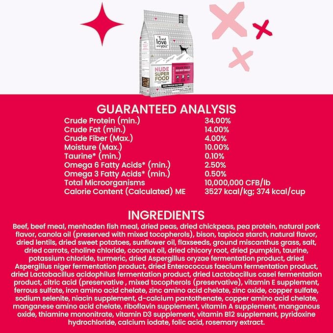 I and love and you Nude Super Food Dry Dog Food - Red Meat Medley - Prebiotic + Probiotic, Grain Free, Real Meat, No Fillers, 5lb Bag