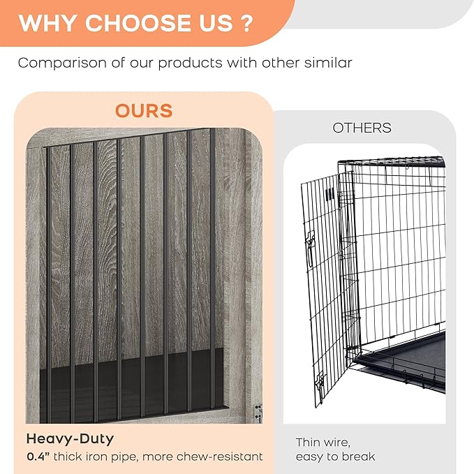 Large Dog Crate with Sliding Door, Furniture-Style Wooden Indoor Kennel, Integrated Side Table & Drawer, Secure Lock, 360° Rotating Bowl, Modern Pet House - Ideal for Home Decor (Grey)