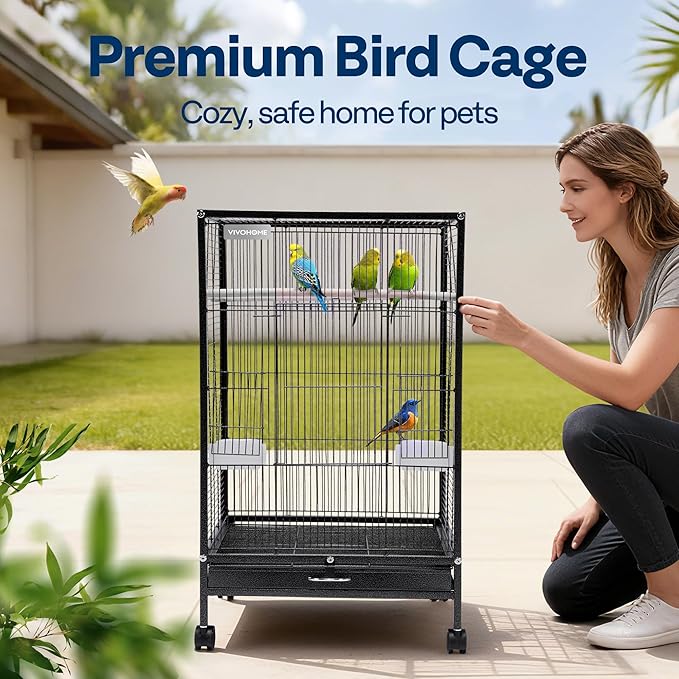 VIVOHOME 54 Inch Wrought Iron Large Bird Flight Cage with Rolling Stand for Parakeets Canaries Cockatiels Lovebirds Conures, Black