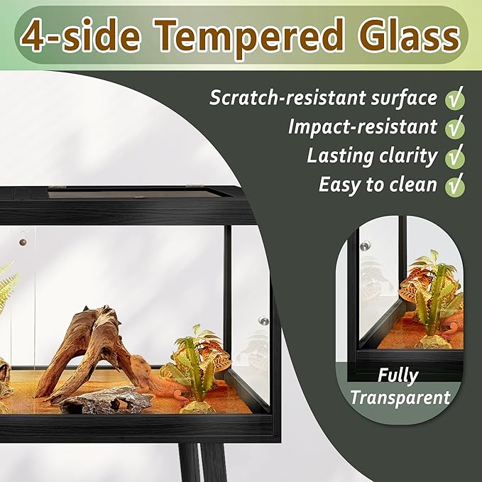 PROLEE Tempered Glass Reptile Enclosure with Leg,24“ Scratch-Proof Bearded Dragon Tank,28 Gallon Lizard Tank with Metal Mesh Tops and Lockable Door,Spacious Reptile Habitat for Snake,Tortoises (Black)