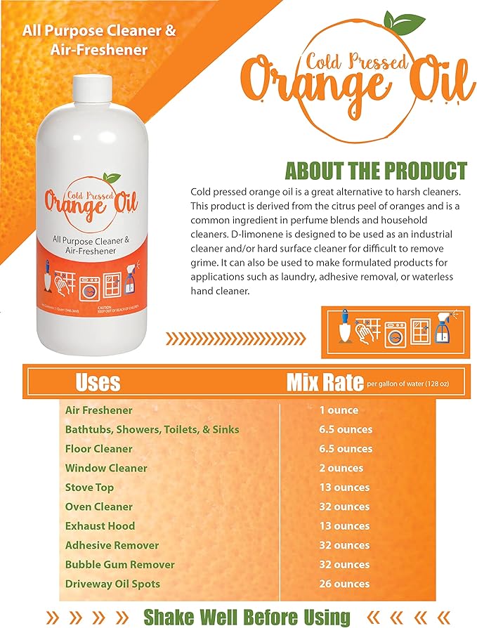 Premium Cold Pressed Orange Oil Concentrate- 32 oz (with D-Limonene), Concentrated Cold Pressed Orange Oil Blend - All-Purpose Citrus Cleaner and Degreaser Blend