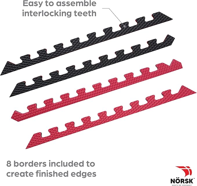 Norsk Reversible Gym Exercise Mats 3/4" Thick EVA Interlocking Foam Tiles, Perfect Home Gym Flooring, 16 24"x24" Tiles & 32 Trim Pieces, 64 Sq. Ft. Reversible, Red/Black