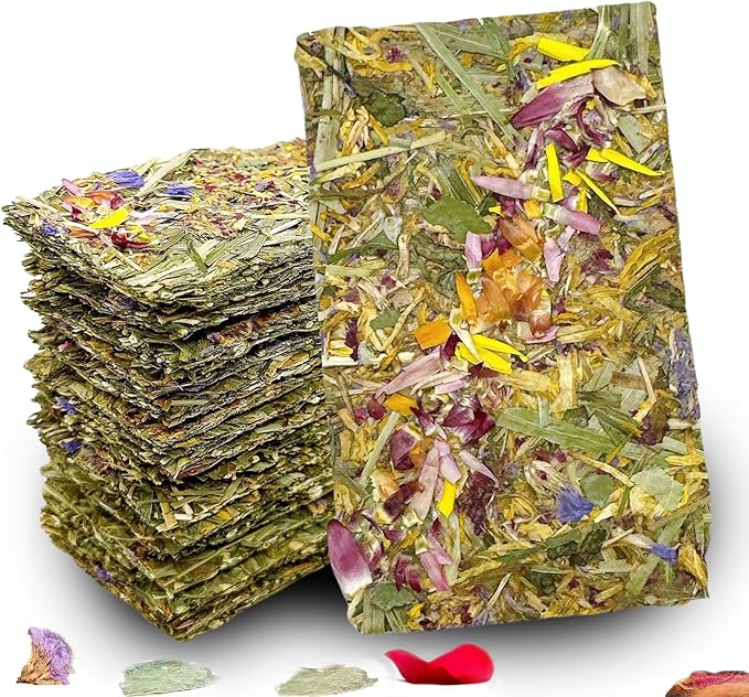 Hamiledyi Rabbit Chew Toys 15 Pieces Natural Timothy Hay Chips Chew Treats with Herbal Floral Scent for Rabbit Guinea Pig Hamster Chinchilla