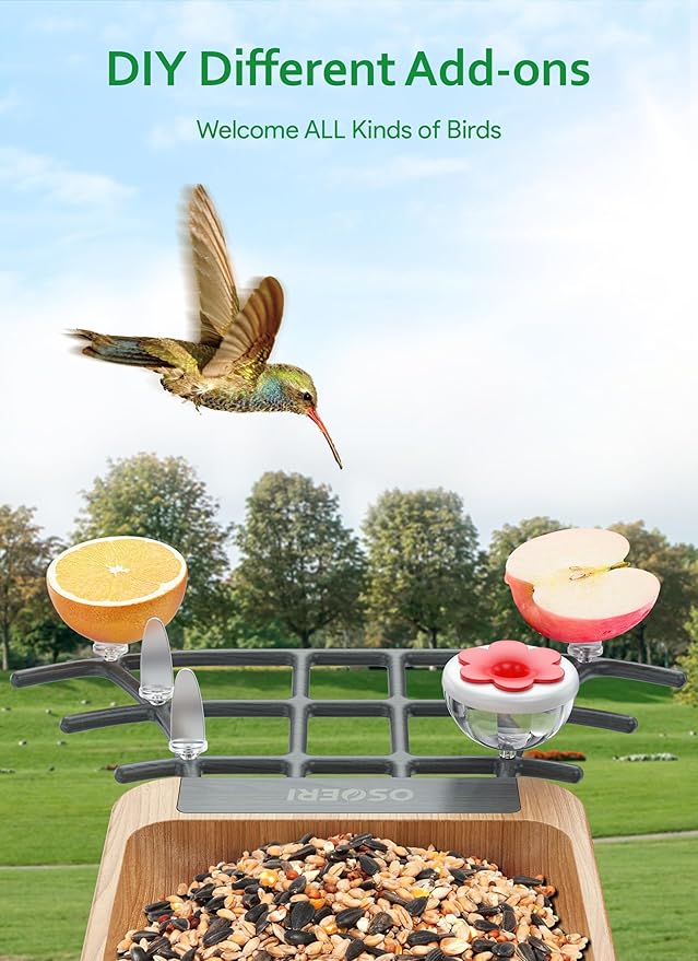 Osoeri Bird Feeder with Camera, Smart AI Identify Wild Bird Feeder Camera Solar Powered, Auto Capture Bird Videos & Motion Detection, DIY Add-ons & Hummingbird Feeder, Bird Camera Gift for Bird Lover