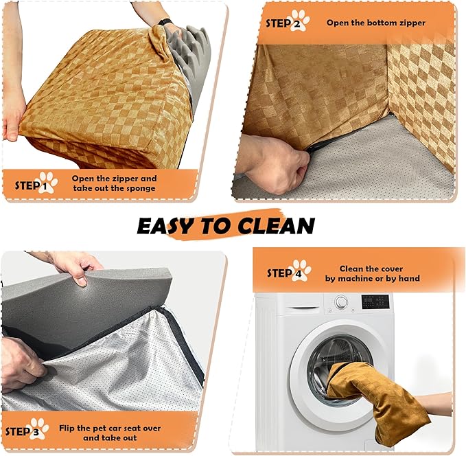 Dog Car Seat for Small and Medium Dogs Up to 35 lbs –Memory Foam Dog Booster Seat with Safety Leash & Storage Pockets, Fits Front & Back Car Seats, Removable Washable Cover – Black & Brown