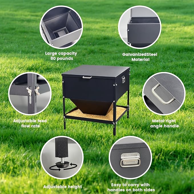 All Metal Chicken Feeding with Waterproof Lid and Handle，Adjustable 80 lbs Large Capacity No Waste Portable Automatic Chicken Feeder,for Chickens and Duck Poultry and Other Birds