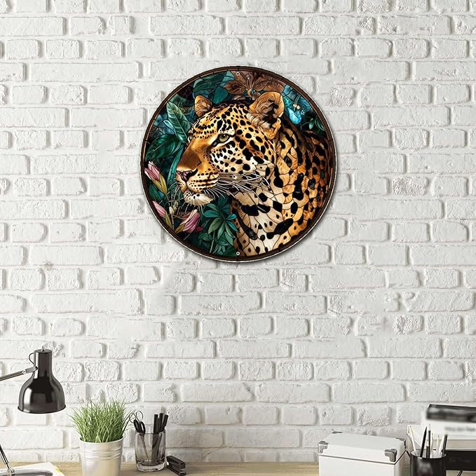 Lygond Metal Sign Tin Sign Circular Stained Glass Leopard Metal Signs Vintage For Restaurant 8×8 Inches