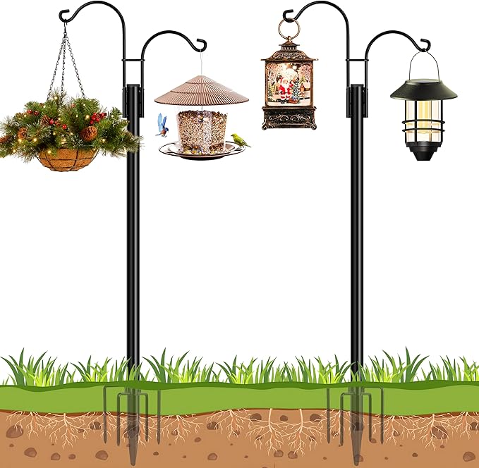 Ottsuls Bird Feeder Pole, 2 Pack 60 INCH Double Shepherds Hooks for Outdoor, Garden Pole with 5 Base Prongs Heavy Duty Planter Hooks for Hanging Plant Baskets, Lantern, Hummingbird Feeder
