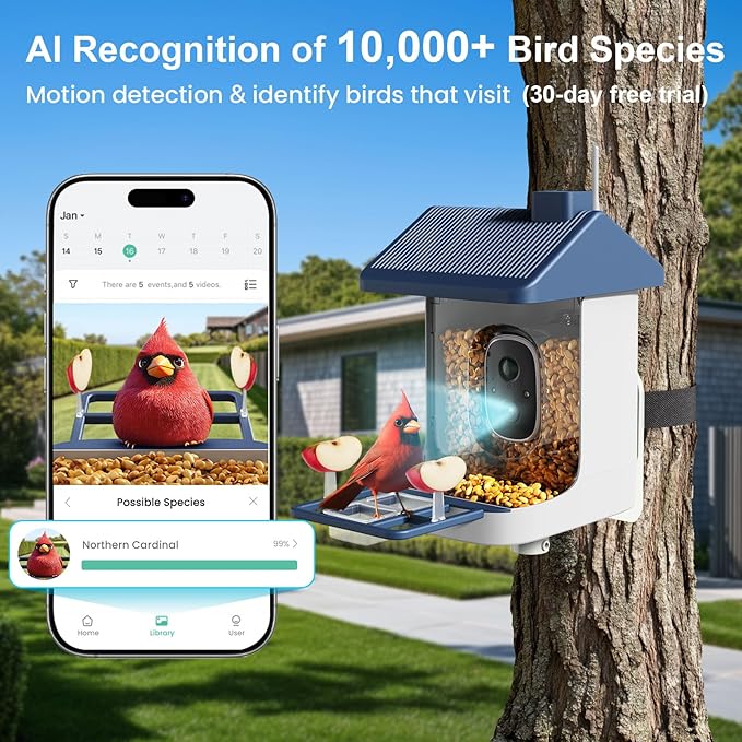Smart Bird Feeder with Camera, 1.8L Solar Powered Bird Feeders for Outdoors, 2K AI Identify 10,000+ Birds Species, Birds Feeder Camera IP65 Instant Notification, Ideal Gift for Avian Lovers