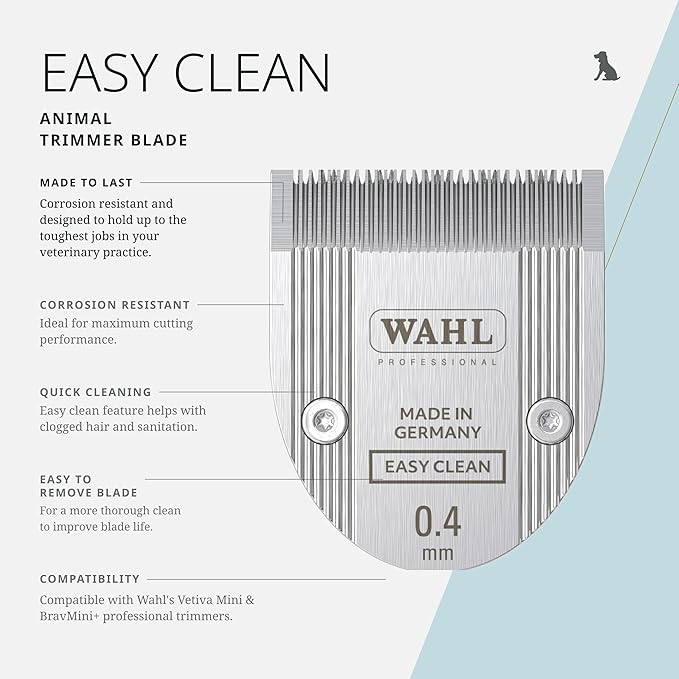 Wahl Pro Animal Easy Clean Trimmer Blade - Replacement Cat & Dog Grooming Clipper Blade - Compatible with Vetiva Mini & BravMini+ - 0.4 mm Cut Length
