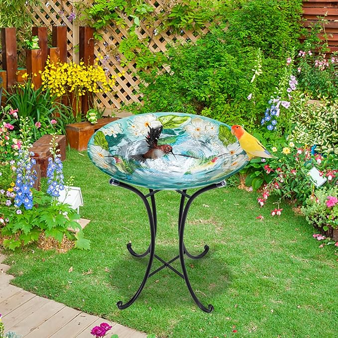 MUMTOP Bird Baths for Outdoors, Hummingbird Glass Large Bird Bath Bowl with Metal Stand, 18 Inch Bird Feeders for Outside and Garden, Patio,Lawn Decor (Hydrangea)